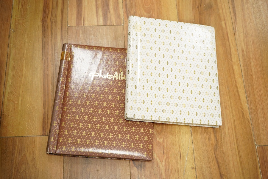 Two photograph albums containing an archive of WWII photos mainly of the RAF in Japan and the Far East, including a number of photos of RAF aircraft, aircraft carriers, Royal Naval ships, photographs of crew, military so